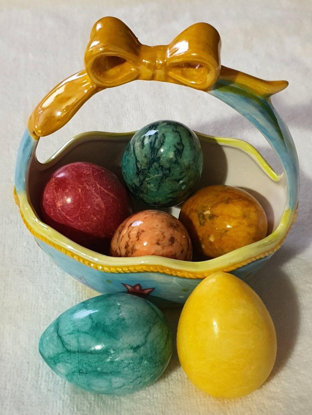 6 Vintage Italian Marble Alabaster Easter Eggs Porcelain Basket/planter w/Bow